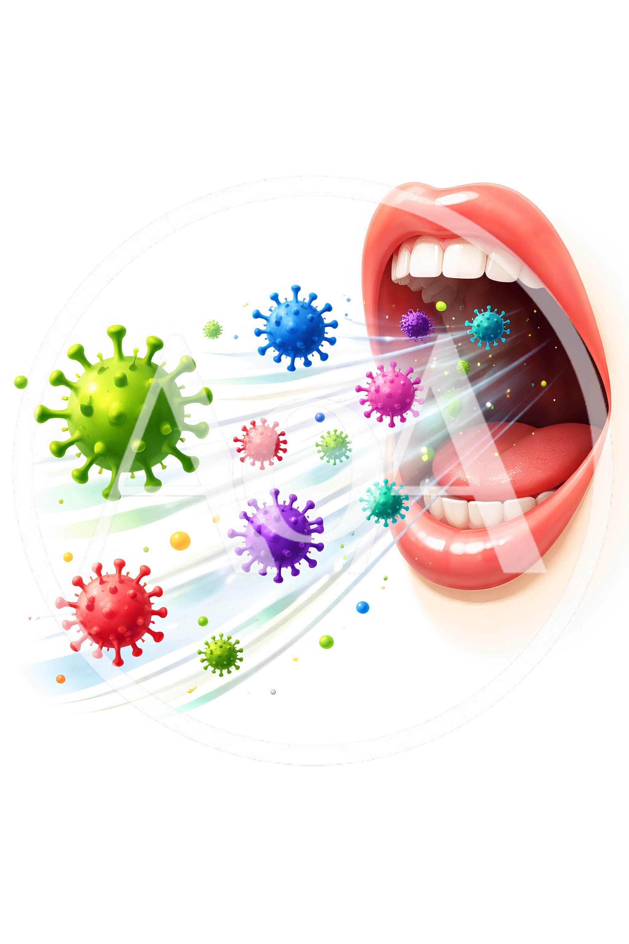 3D Illustration of Virus Particles Exhaled from Human Mouth