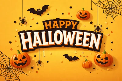 Happy Halloween Greeting Card With Pumpkins And Spiders