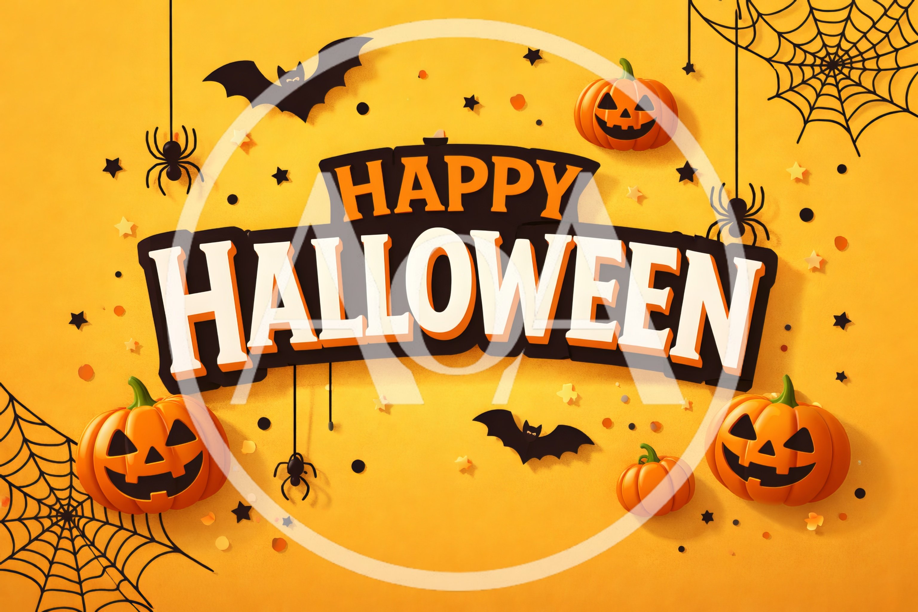 Happy Halloween Greeting Card With Pumpkins And Spiders