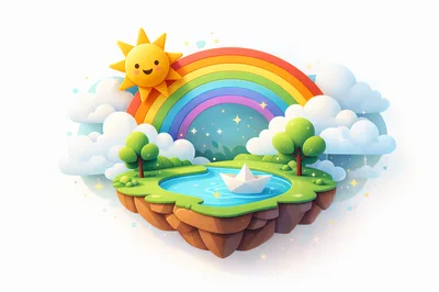 Floating Island With Paper Boat And Rainbow