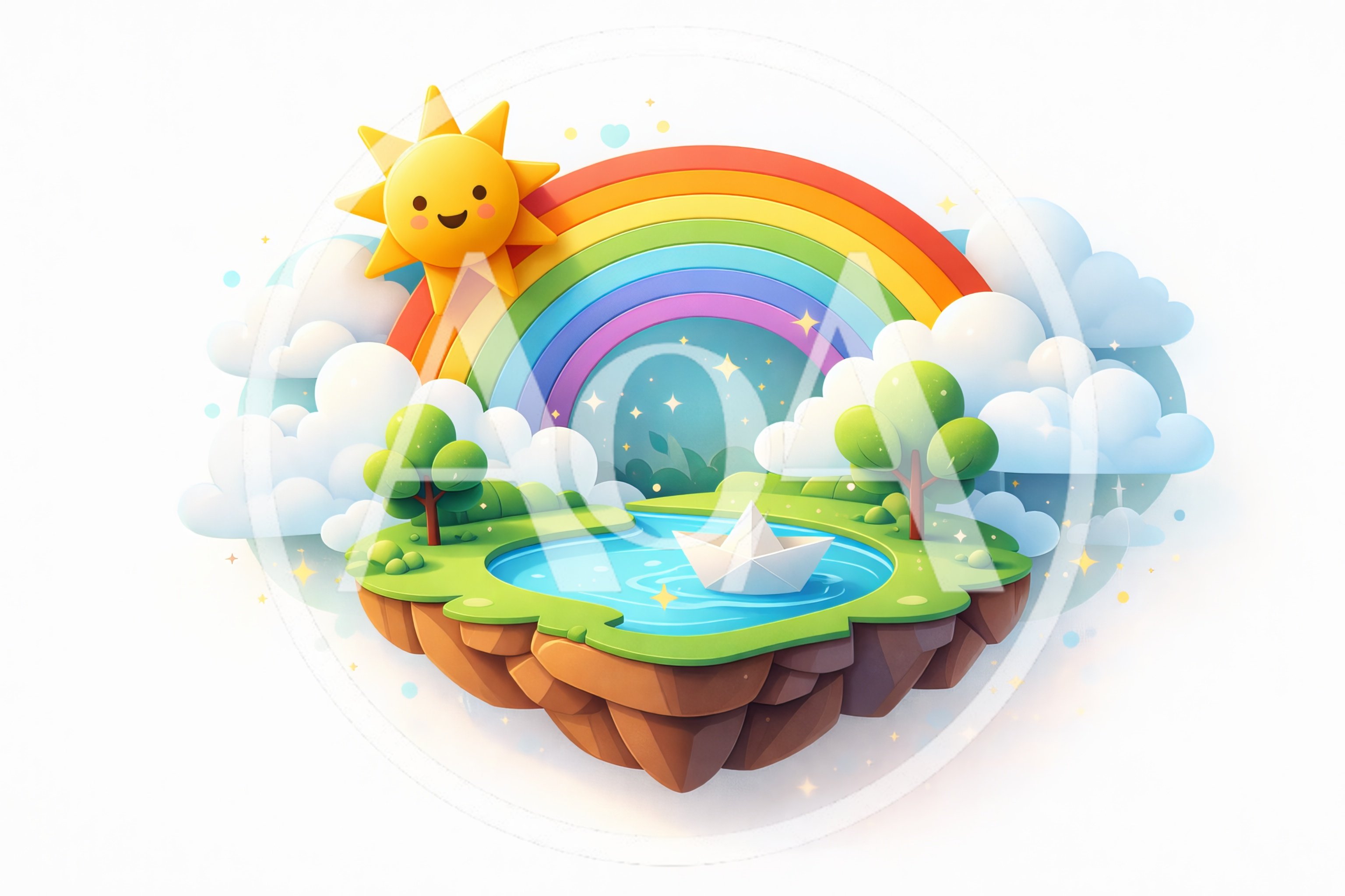Floating Island With Paper Boat And Rainbow