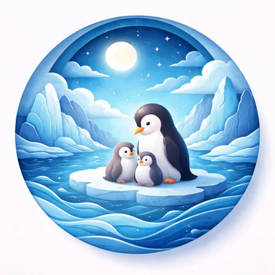 Cute Penguin Family On Iceberg Under Moonlight