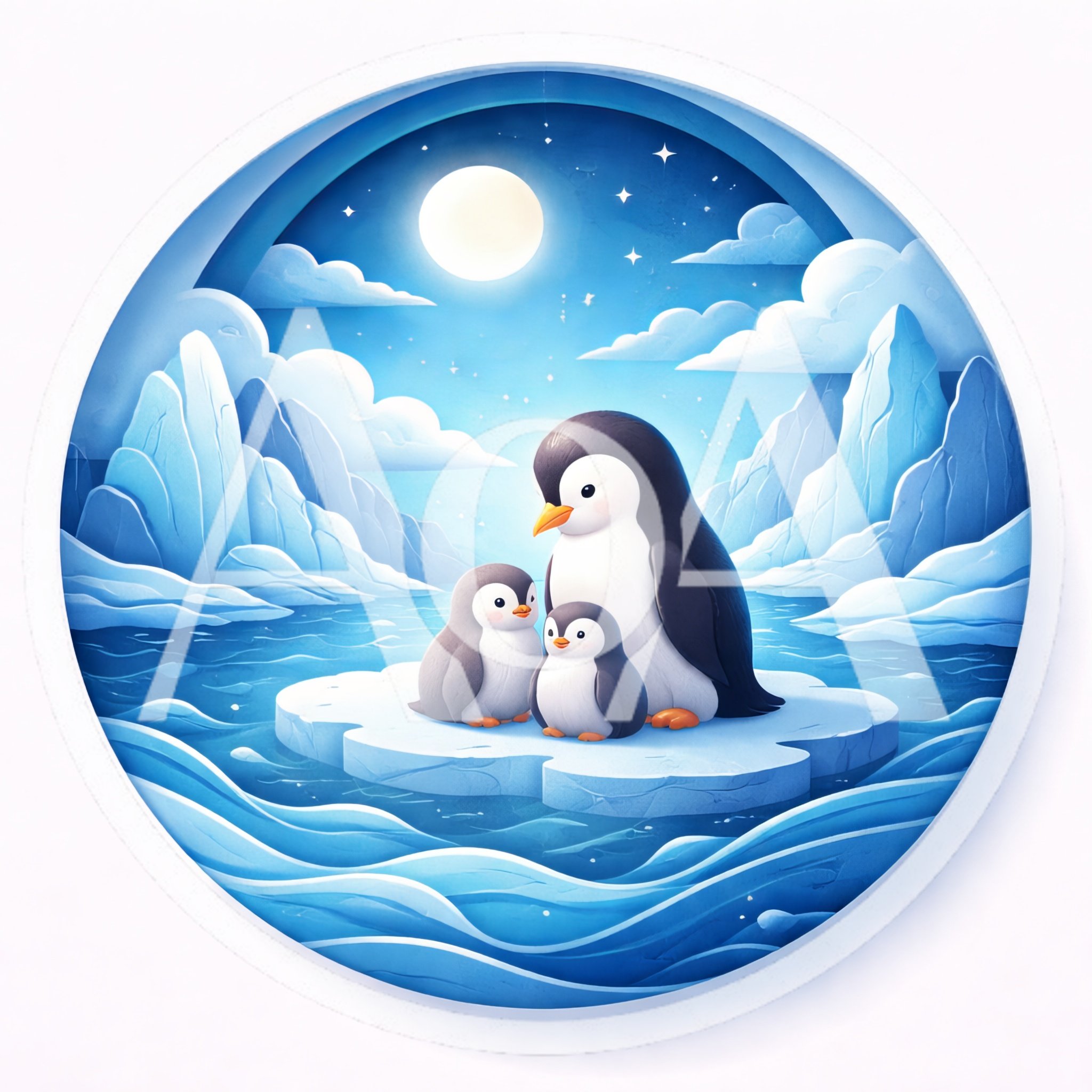 Cute Penguin Family On Iceberg Under Moonlight