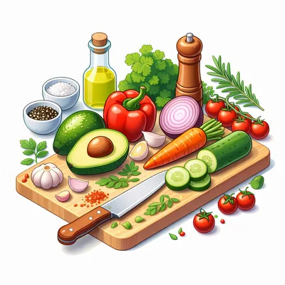 Fresh Vegetables And Cooking Ingredients On Wooden Cutting Board