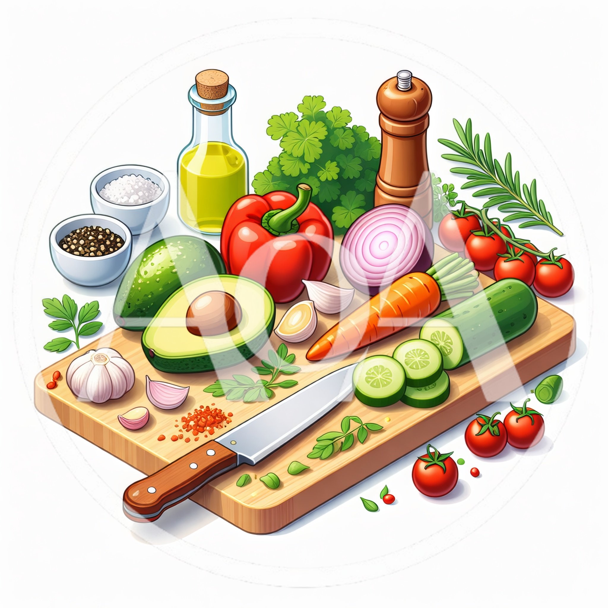 Fresh Vegetables And Cooking Ingredients On Wooden Cutting Board