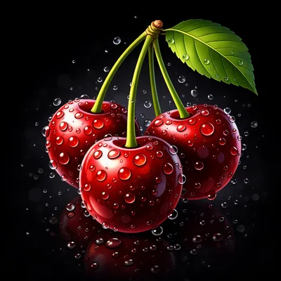 Three Fresh Red Cherries With Water Droplets