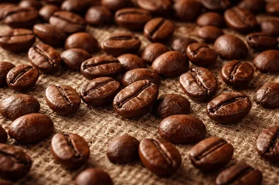 Roasted Coffee Beans Scattered On Burlap Fabric