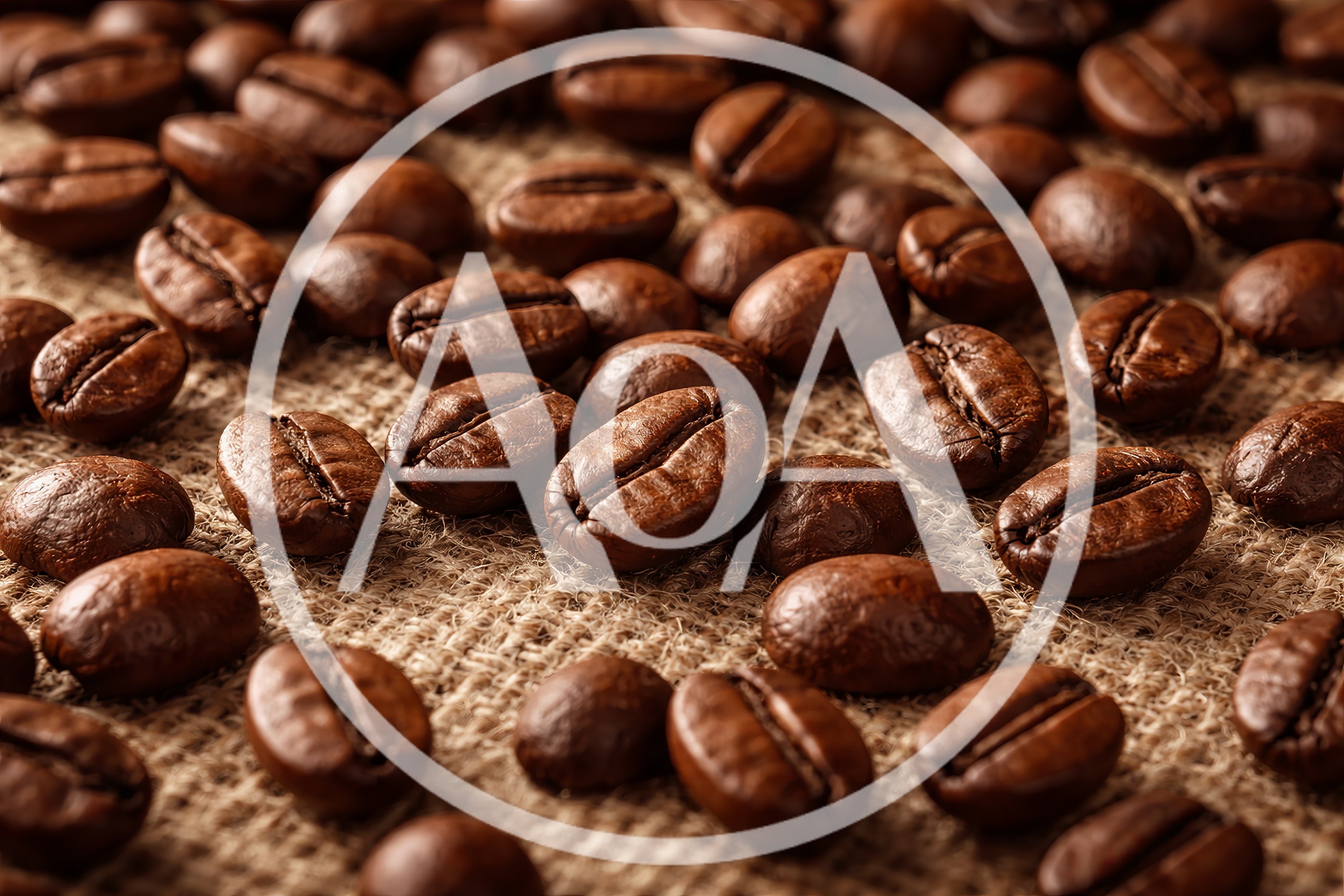 Roasted Coffee Beans Scattered On Burlap Fabric