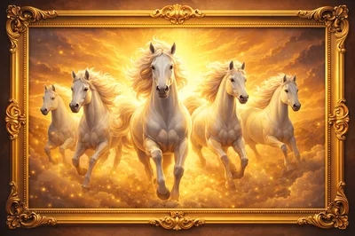 Four Majestic White Horses Running Through Golden Clouds