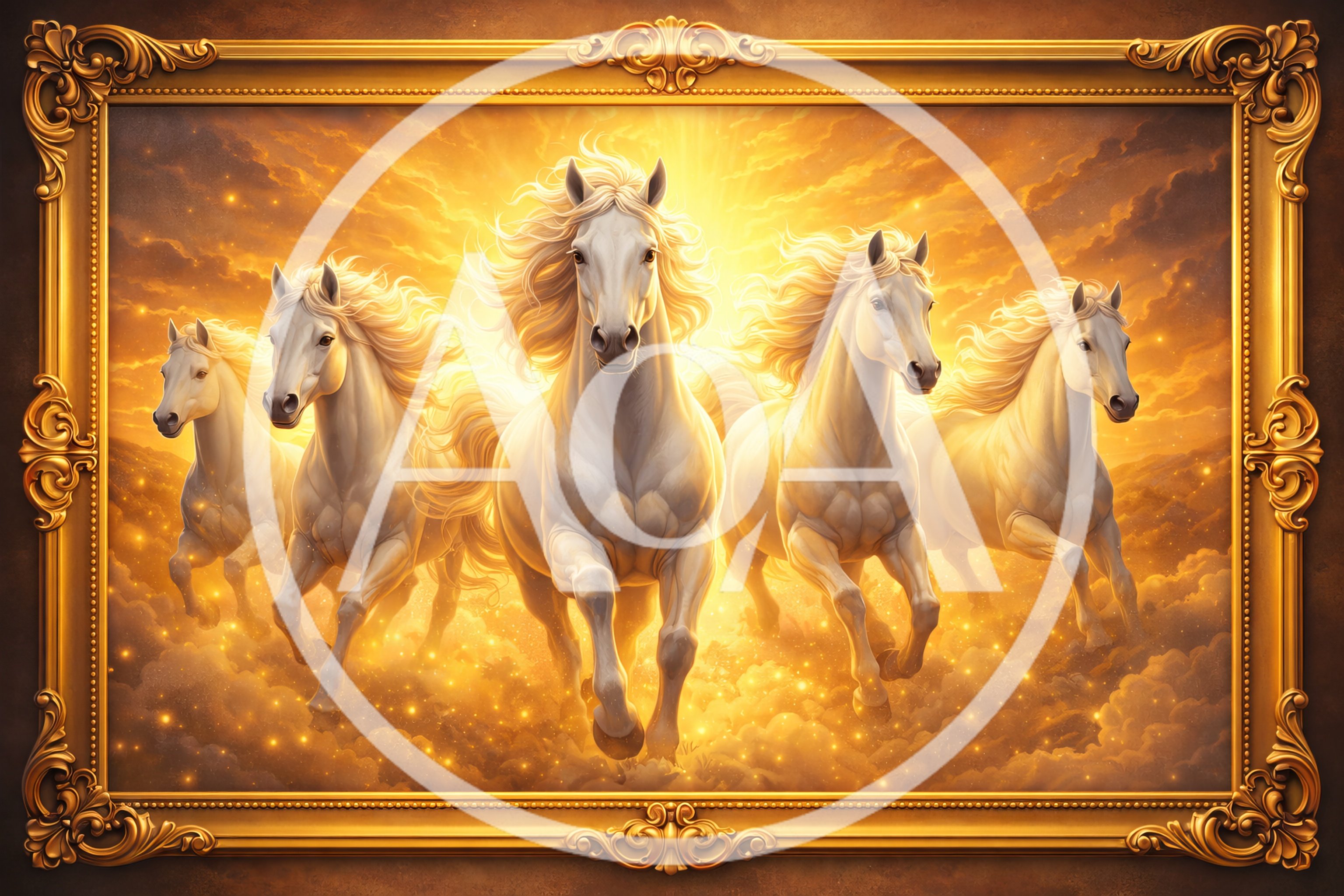 Four Majestic White Horses Running Through Golden Clouds
