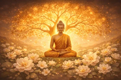 Golden Buddha Meditating Under Glowing Bodhi Tree