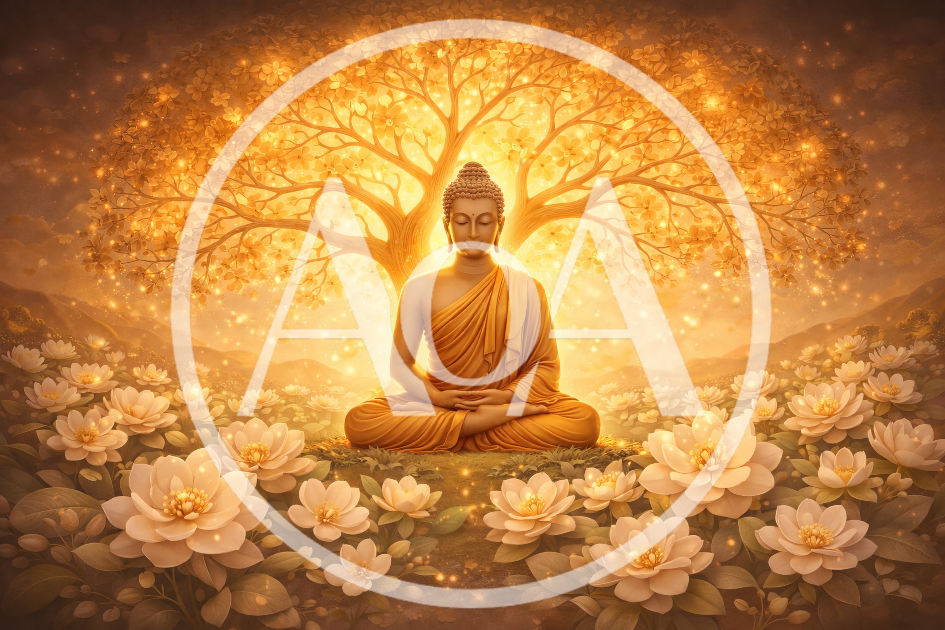 Golden Buddha Meditating Under Glowing Bodhi Tree