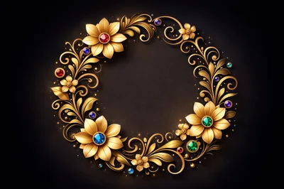 Golden Floral Wreath With Gemstones On Dark Background