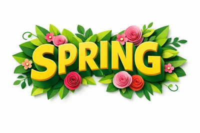 3D Spring Typography With Paper Cut Flowers And Leaves