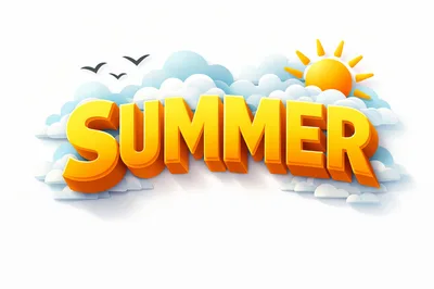 3D Summer Text Graphic With Clouds And Sun