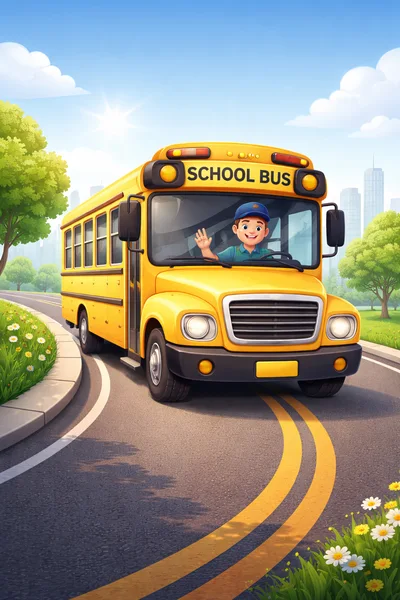 Friendly School Bus Driver Waving From Yellow Bus