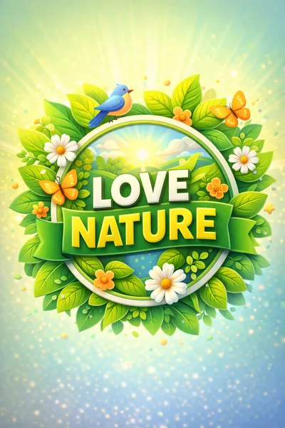 Love Nature Emblem With Floral And Wildlife Elements