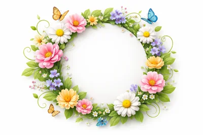 Floral Wreath With Butterflies On White Background