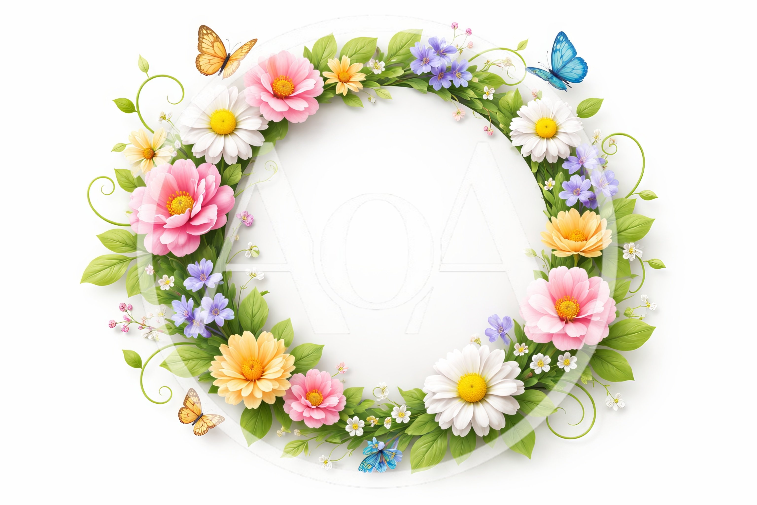 Floral Wreath With Butterflies On White Background