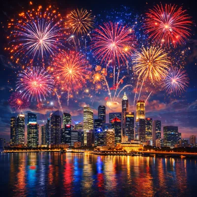 Singapore Skyline Fireworks Display Over Marina Bay