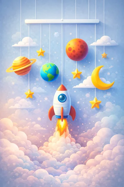 Space Themed Nursery Mobile With Rocket Ship