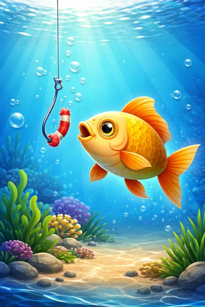 Goldfish Looking At A Hook With Bait Underwater