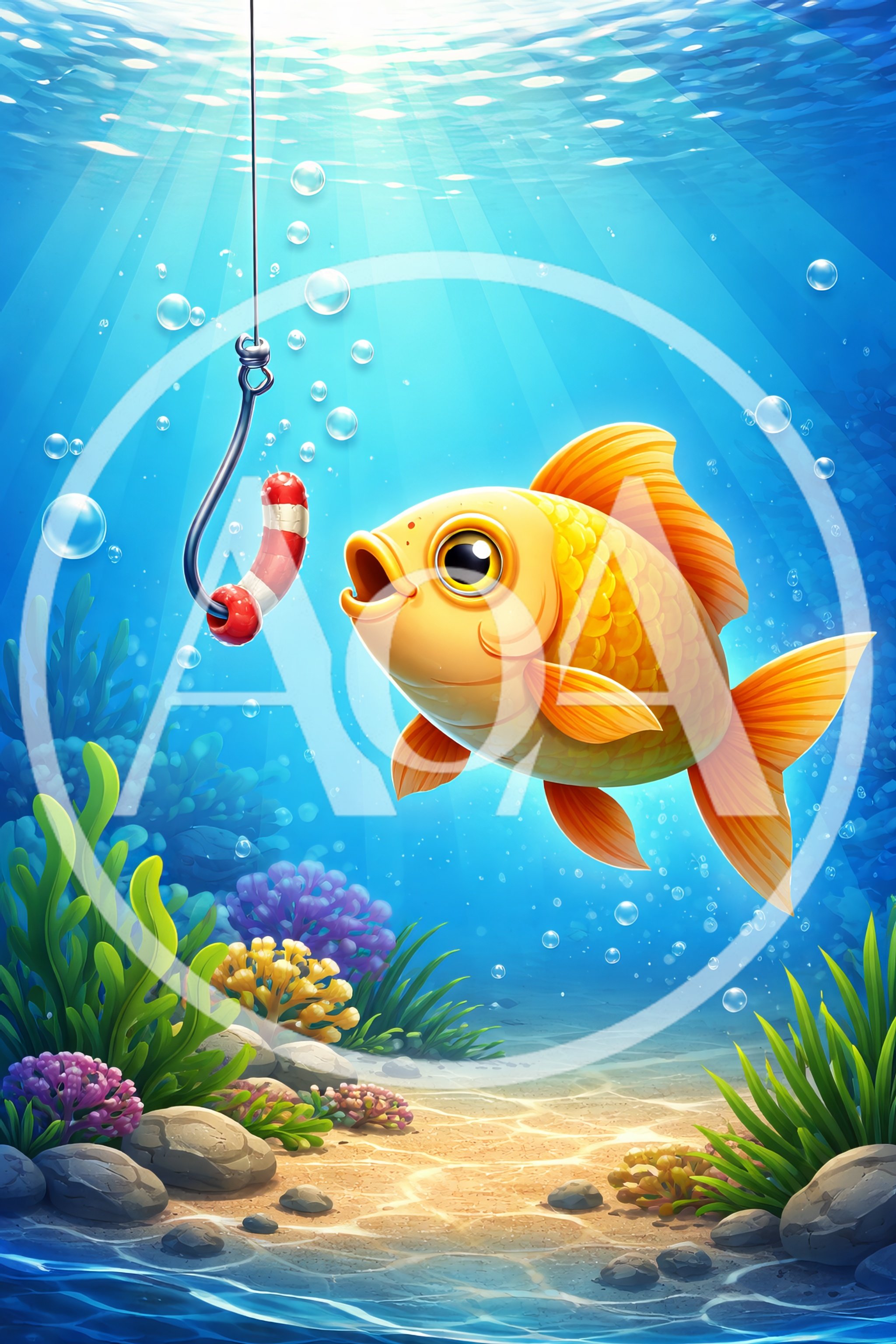 Goldfish Looking At A Hook With Bait Underwater