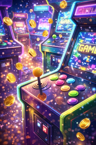 Neon Arcade Cabinets With Floating Gold Coins