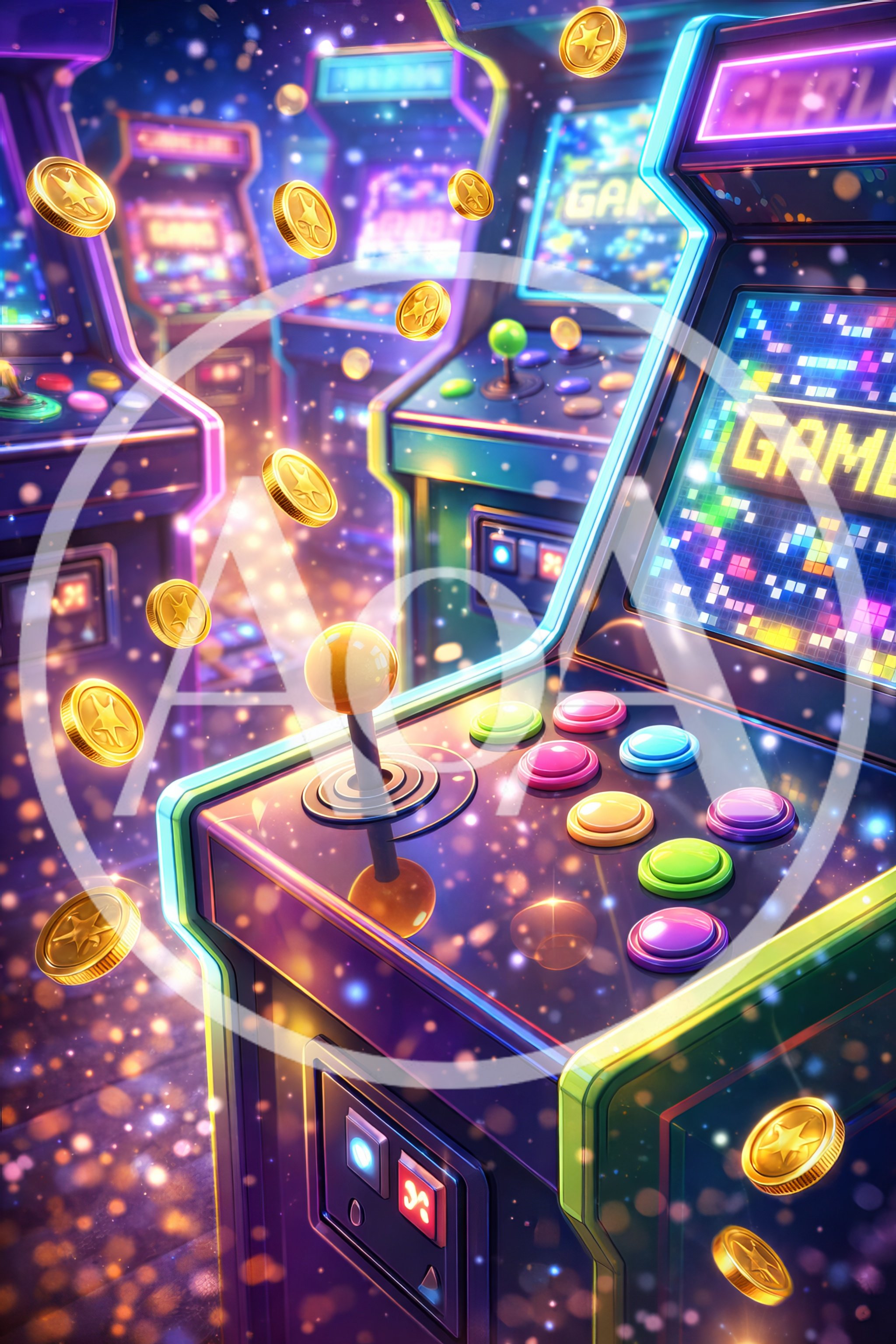 Neon Arcade Cabinets With Floating Gold Coins