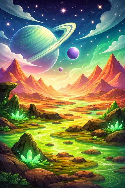 Surreal Alien Landscape With Glowing River And Planets