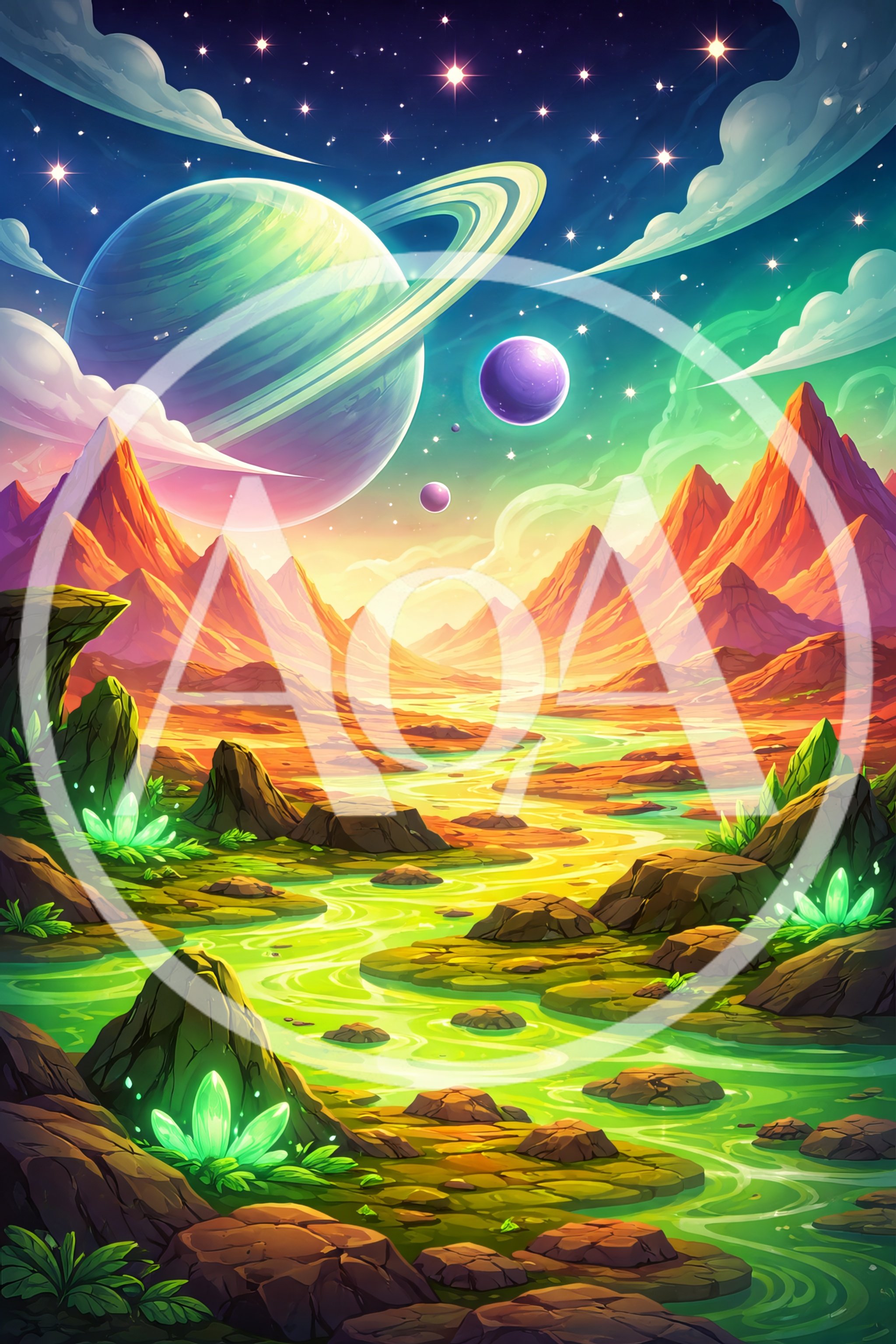 Surreal Alien Landscape With Glowing River And Planets