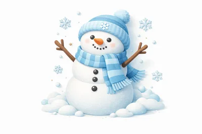 Cute Cartoon Snowman With Blue Scarf And Hat