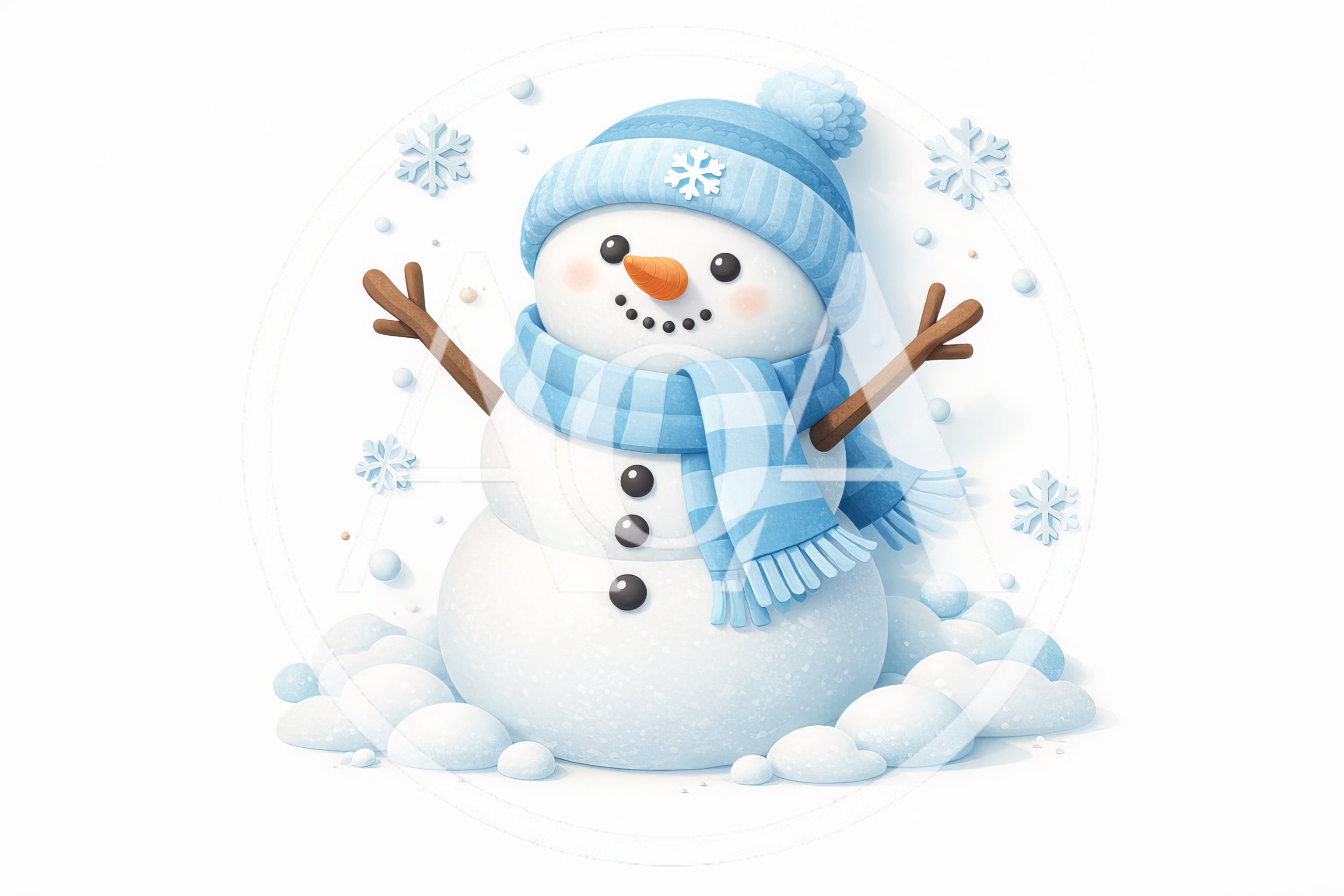 Cute Cartoon Snowman With Blue Scarf And Hat