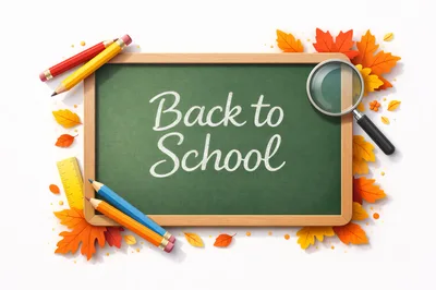 Back to School Chalkboard with Autumn Leaves and Stationery