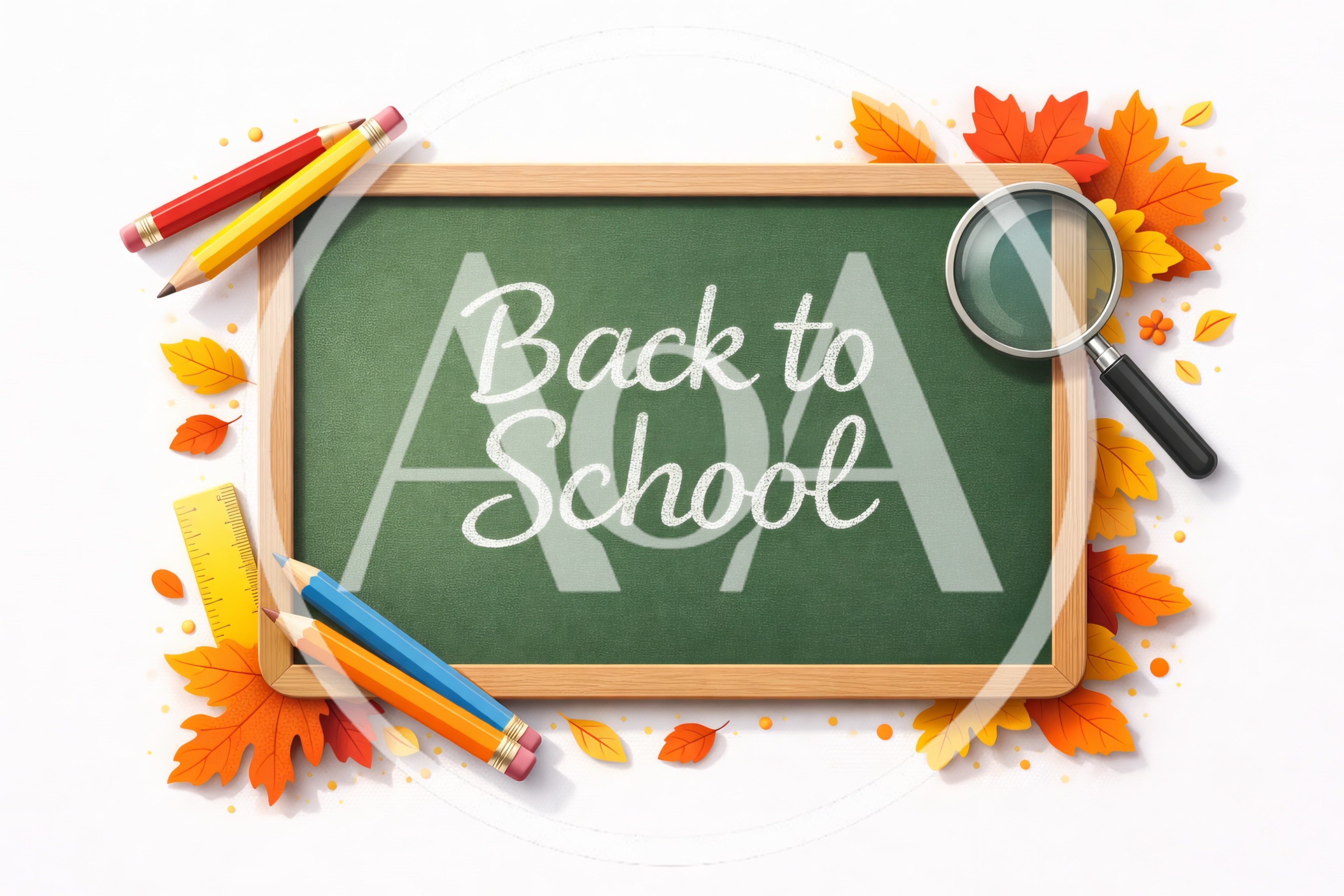Back to School Chalkboard with Autumn Leaves and Stationery