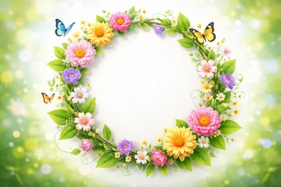 Floral Wreath Frame With Butterflies On Blurred Green Background