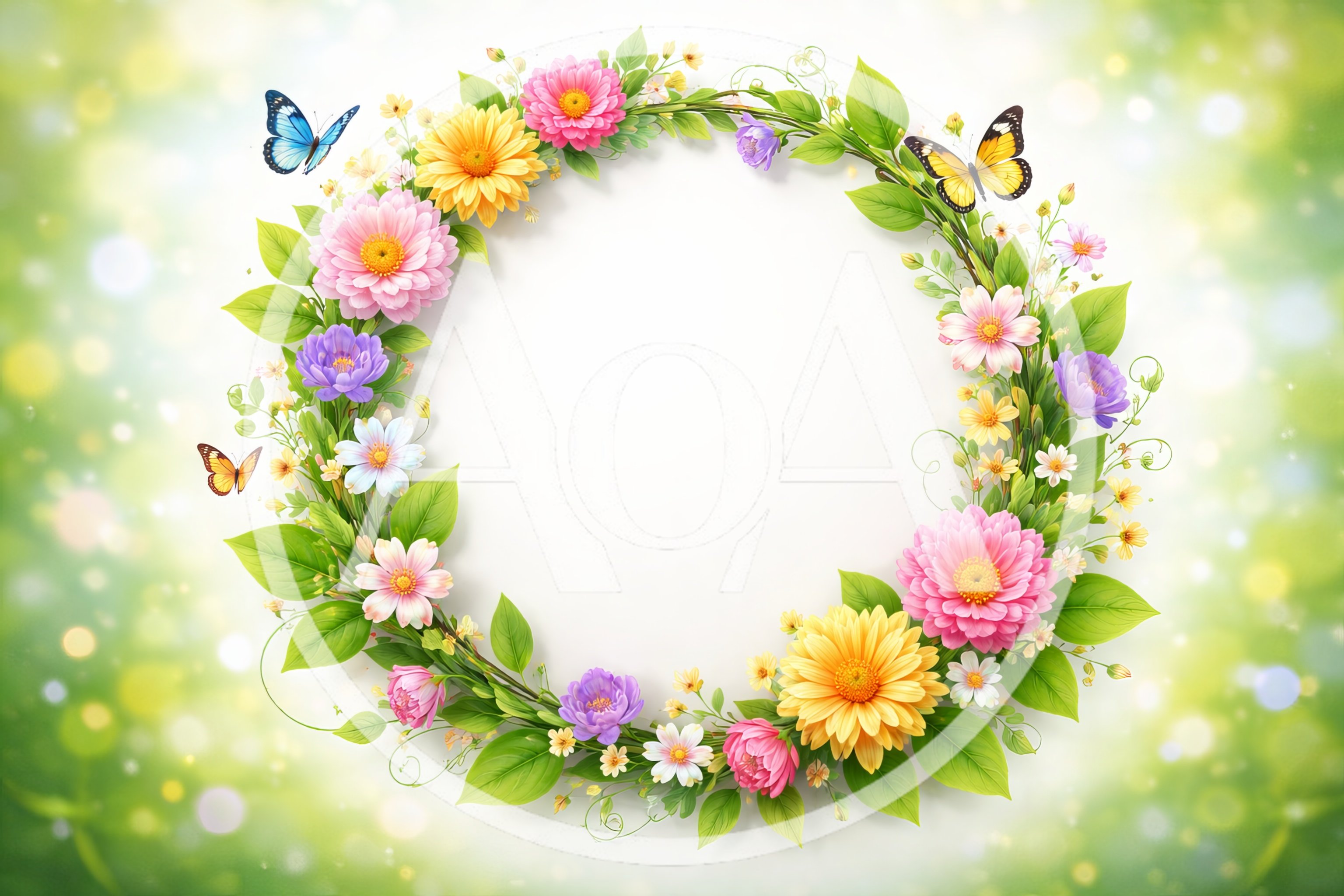 Floral Wreath Frame With Butterflies On Blurred Green Background