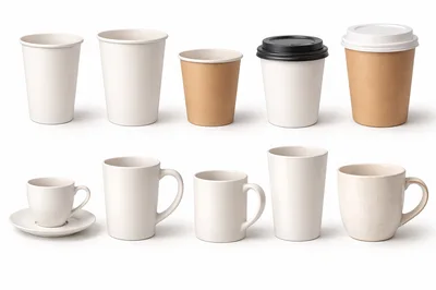 Collection of Various Blank Coffee Cups and Mugs