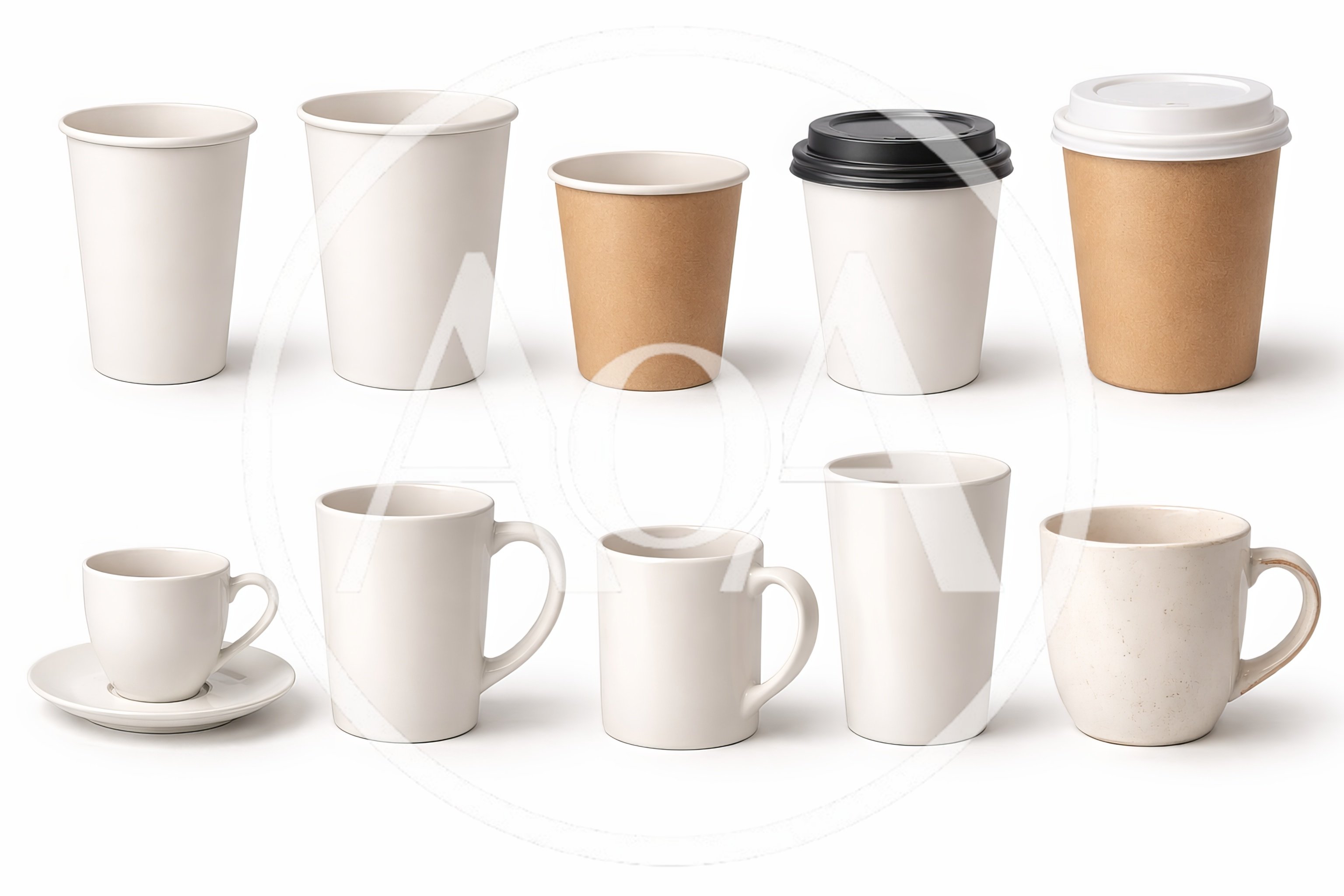 Collection of Various Blank Coffee Cups and Mugs