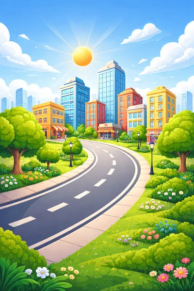Sunny City Street With Buildings And Greenery