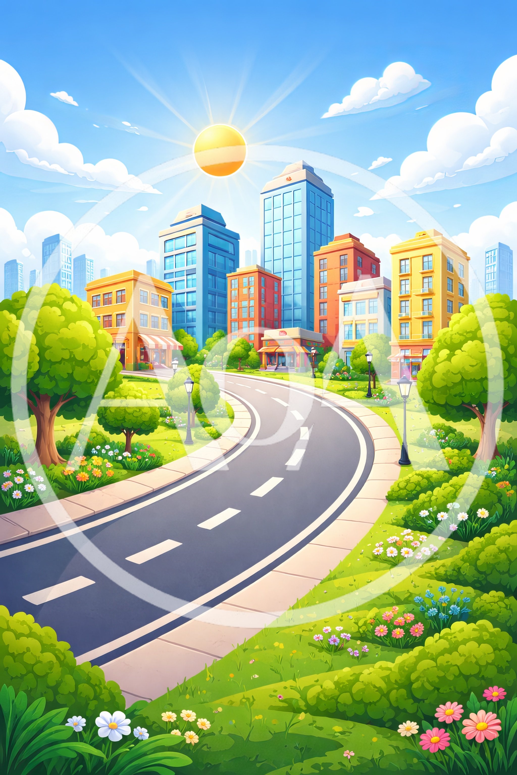 Sunny City Street With Buildings And Greenery