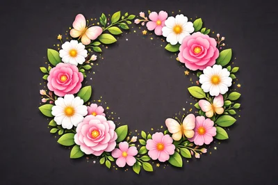 Floral Wreath With Butterflies On Dark Background