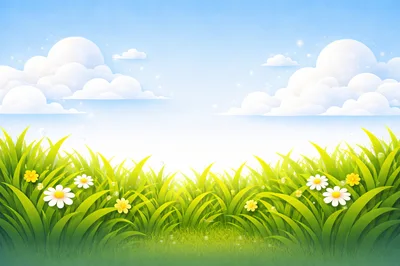 Lush Green Meadow With Daisies Under Blue Sky