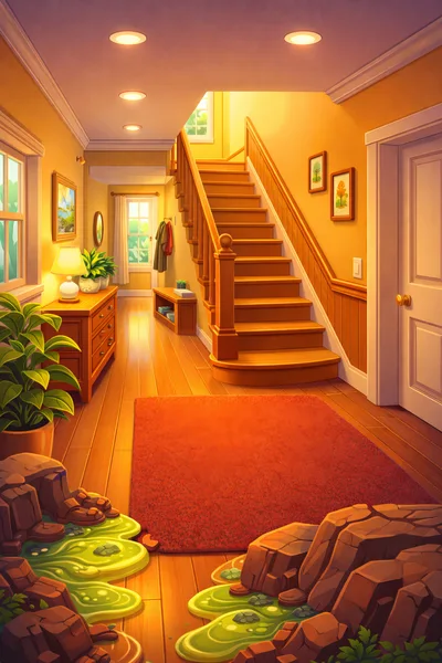 Surreal Interior Hallway With Indoor Rock Formations And Slime