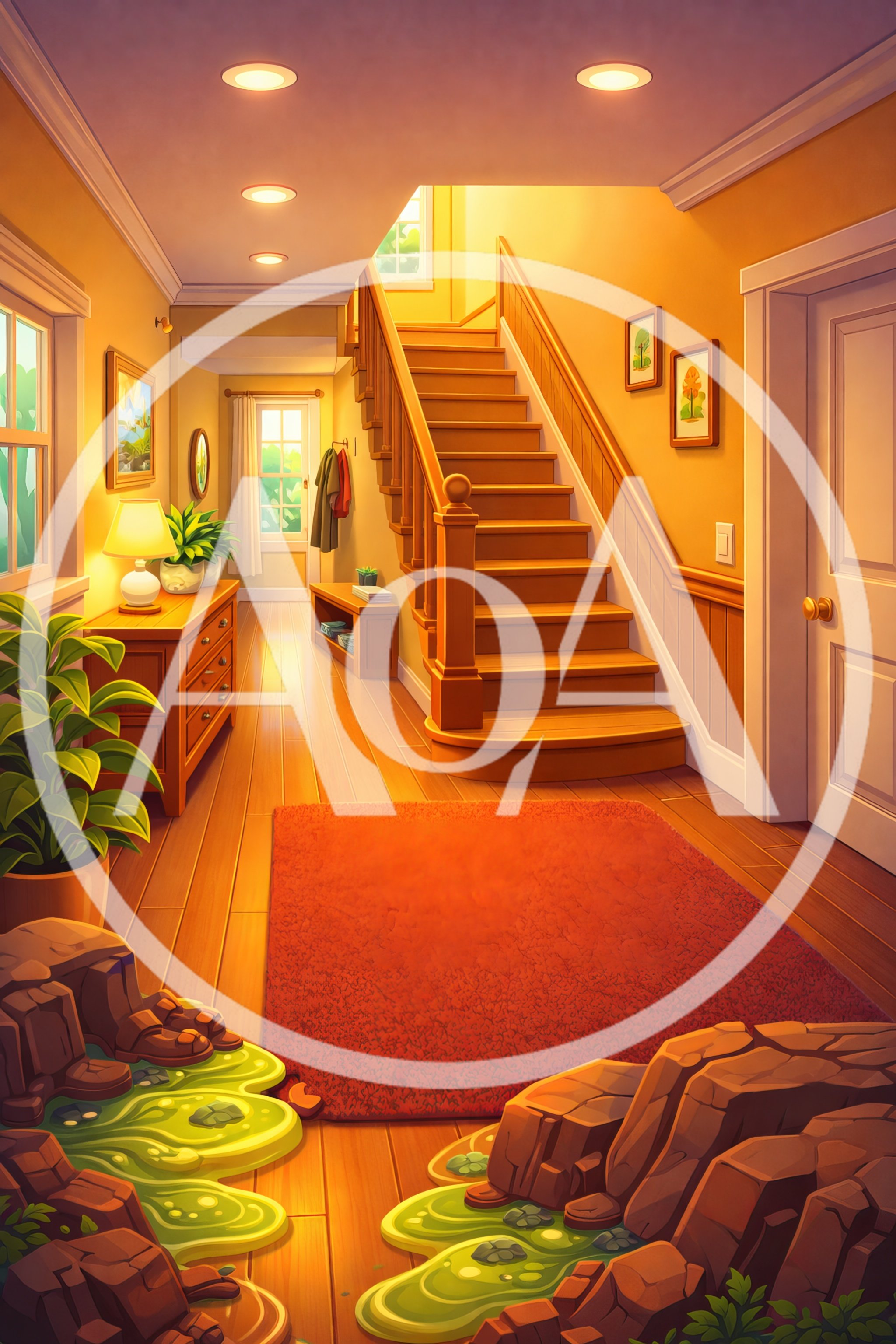 Surreal Interior Hallway With Indoor Rock Formations And Slime