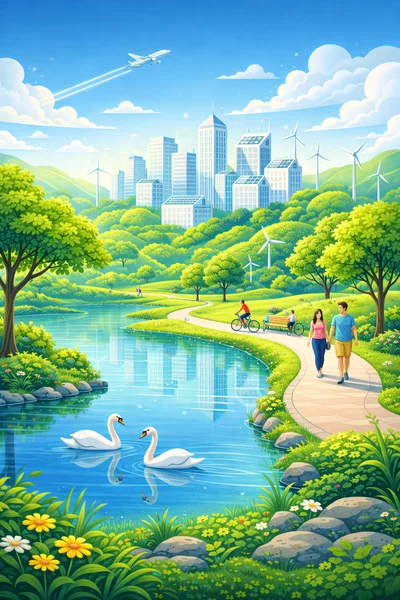 Couple Walking Along A Scenic Lake In A Sustainable City