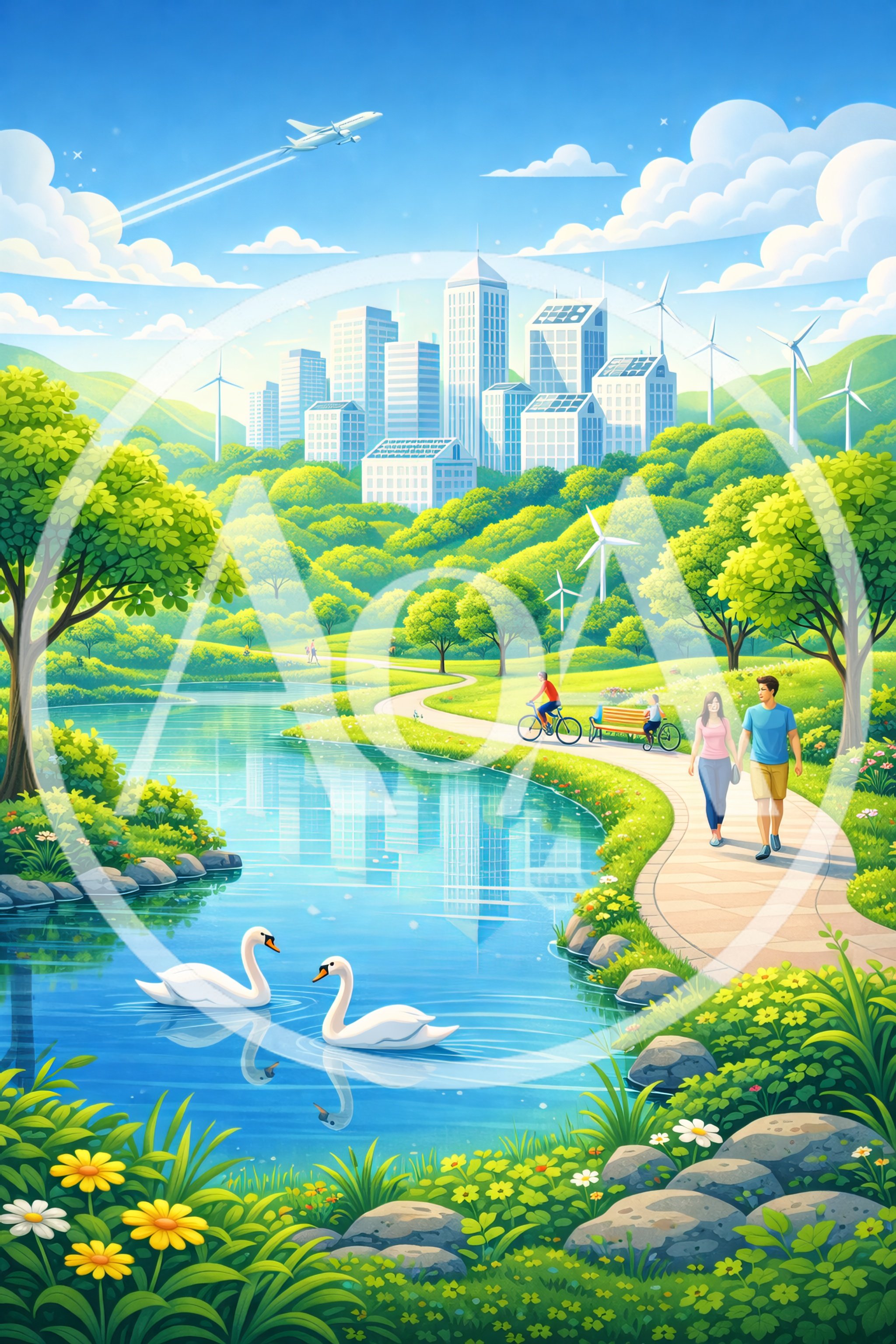 Couple Walking Along A Scenic Lake In A Sustainable City