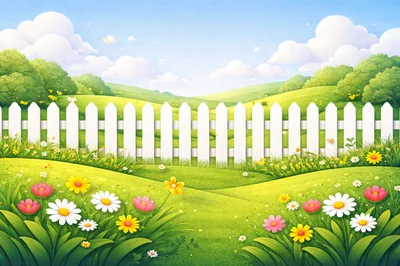 White Picket Fence In A Sunny Spring Meadow