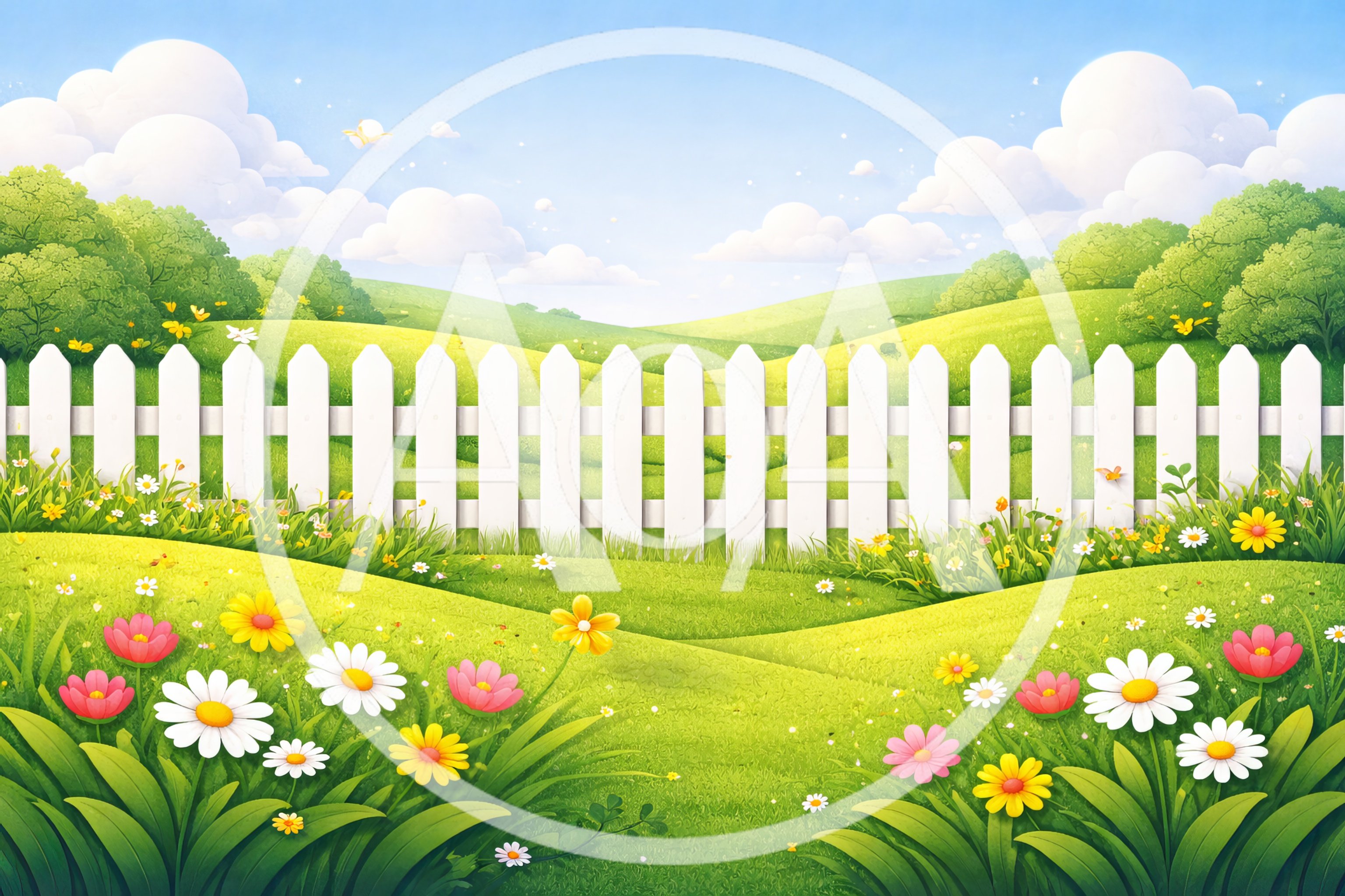 White Picket Fence In A Sunny Spring Meadow