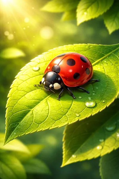 Ladybug Resting on a Dewy Green Leaf